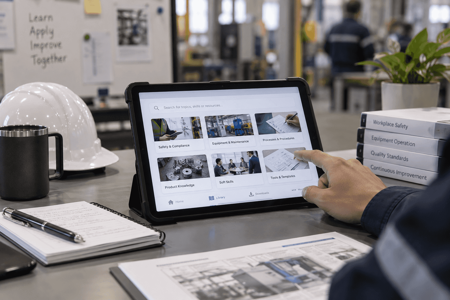 Realistic visual of a digital learning knowledge library with mobile training modules