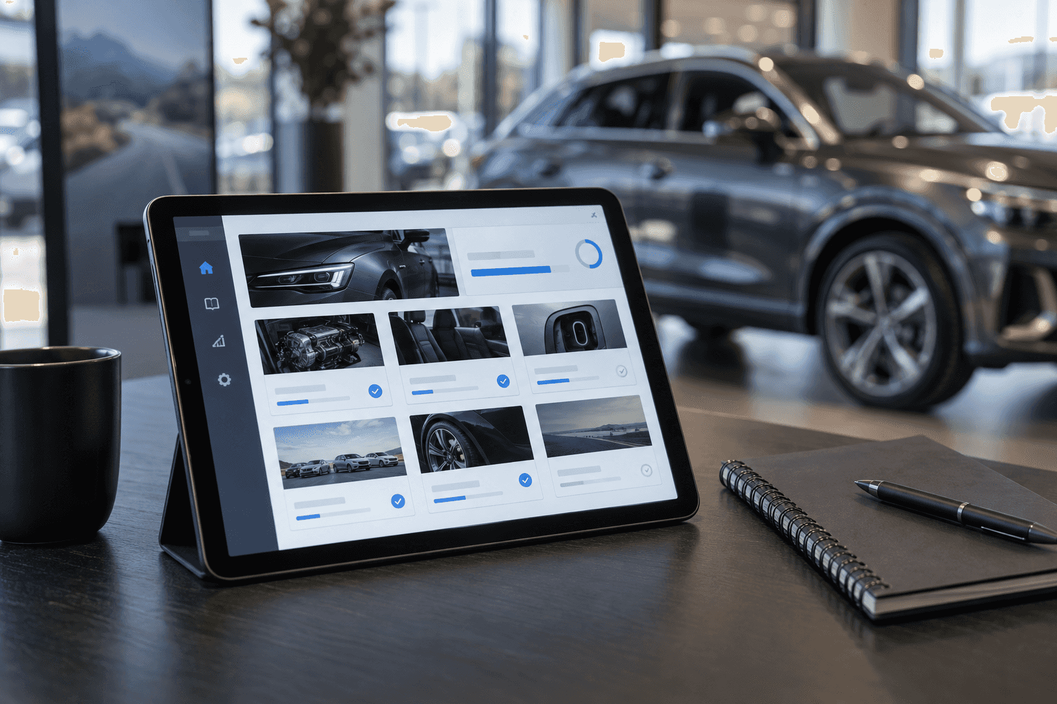 Realistic visual of a dealer training and assessment app with progress tracking