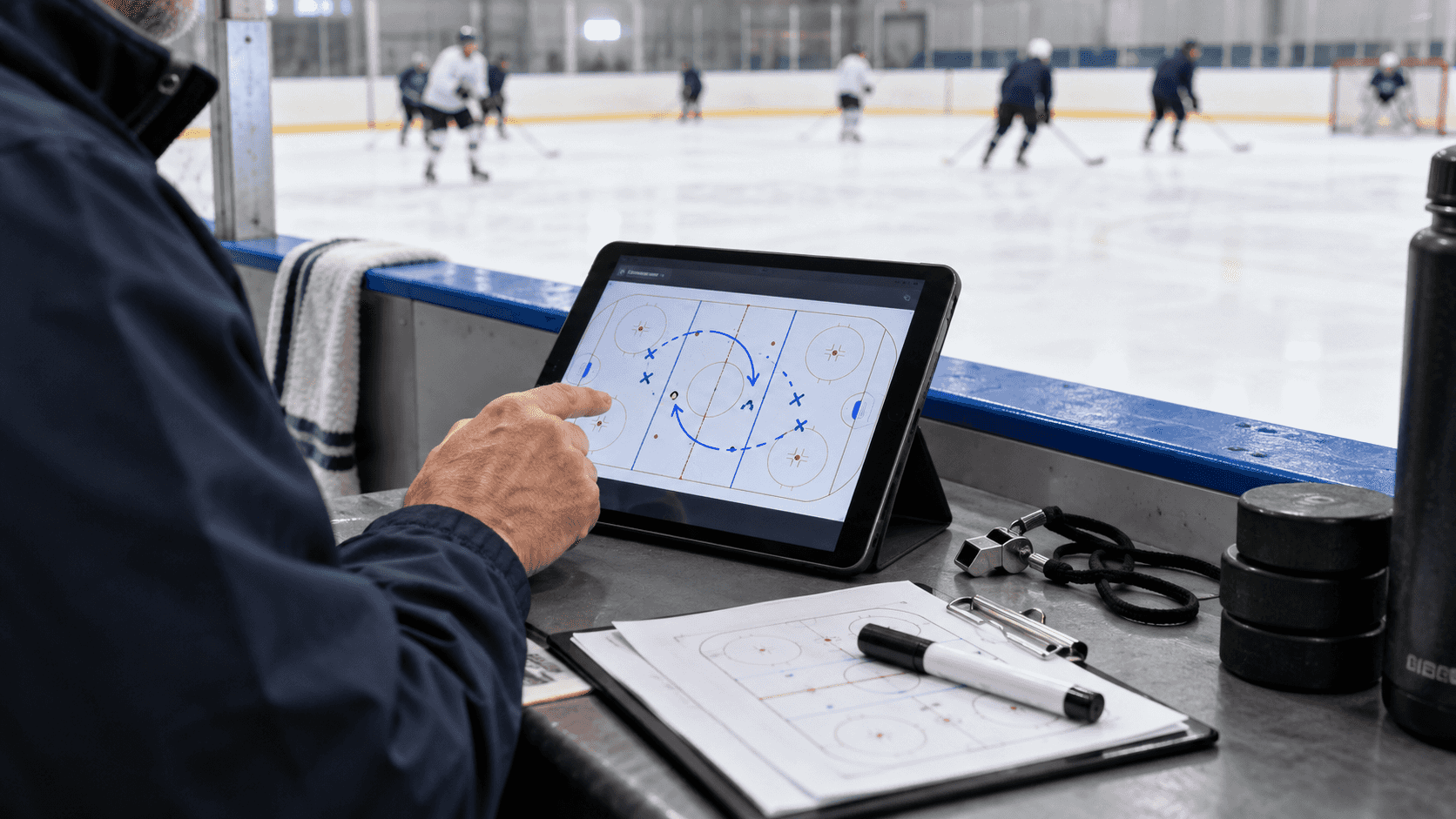 Realistic visual of a hockey coaching tool with drill planning and canvas drawing