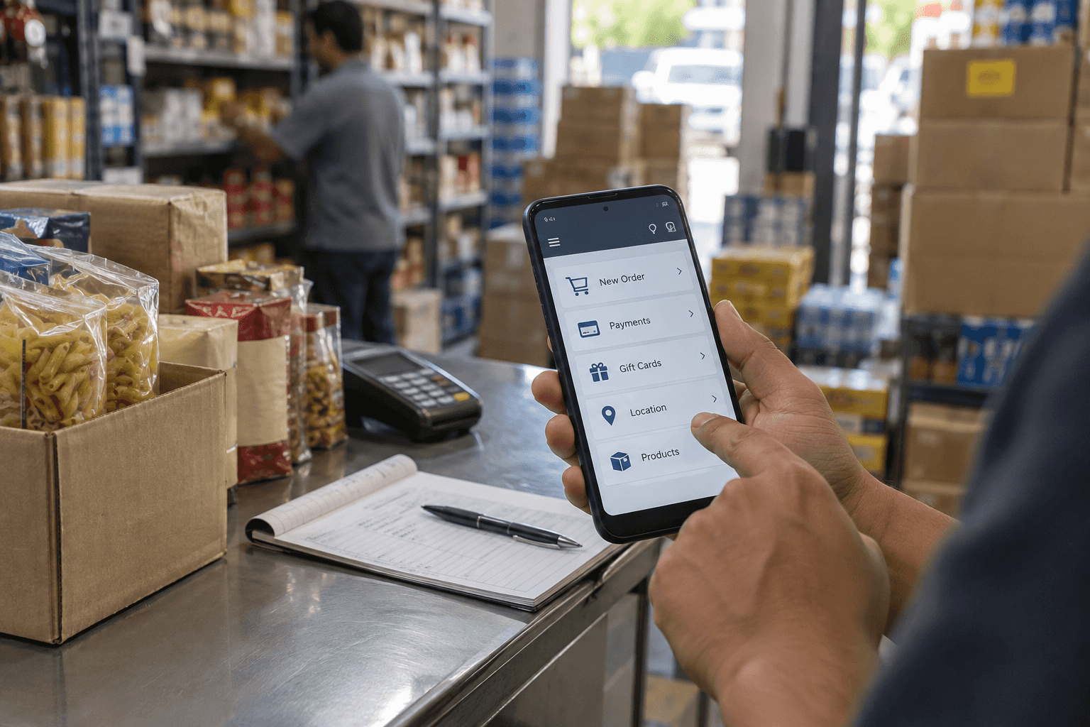 Realistic visual of a sales force automation app for wholesale field workflows