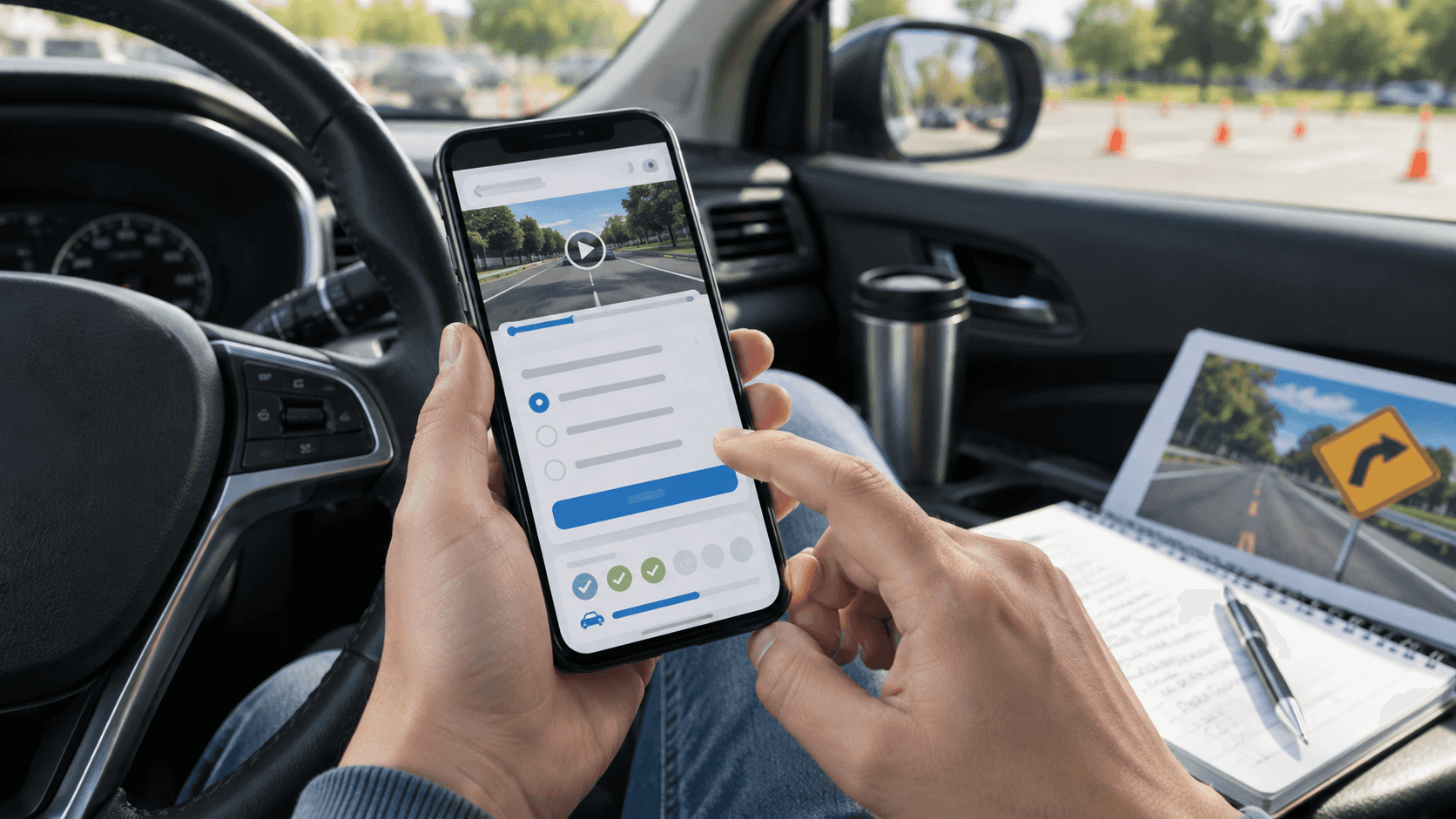 Realistic visual of a driving education app with video lessons, quizzes, and progress tracking