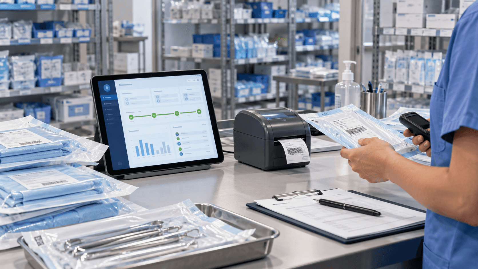 Realistic visual of surgical case management, inventory, billing, and printer workflows