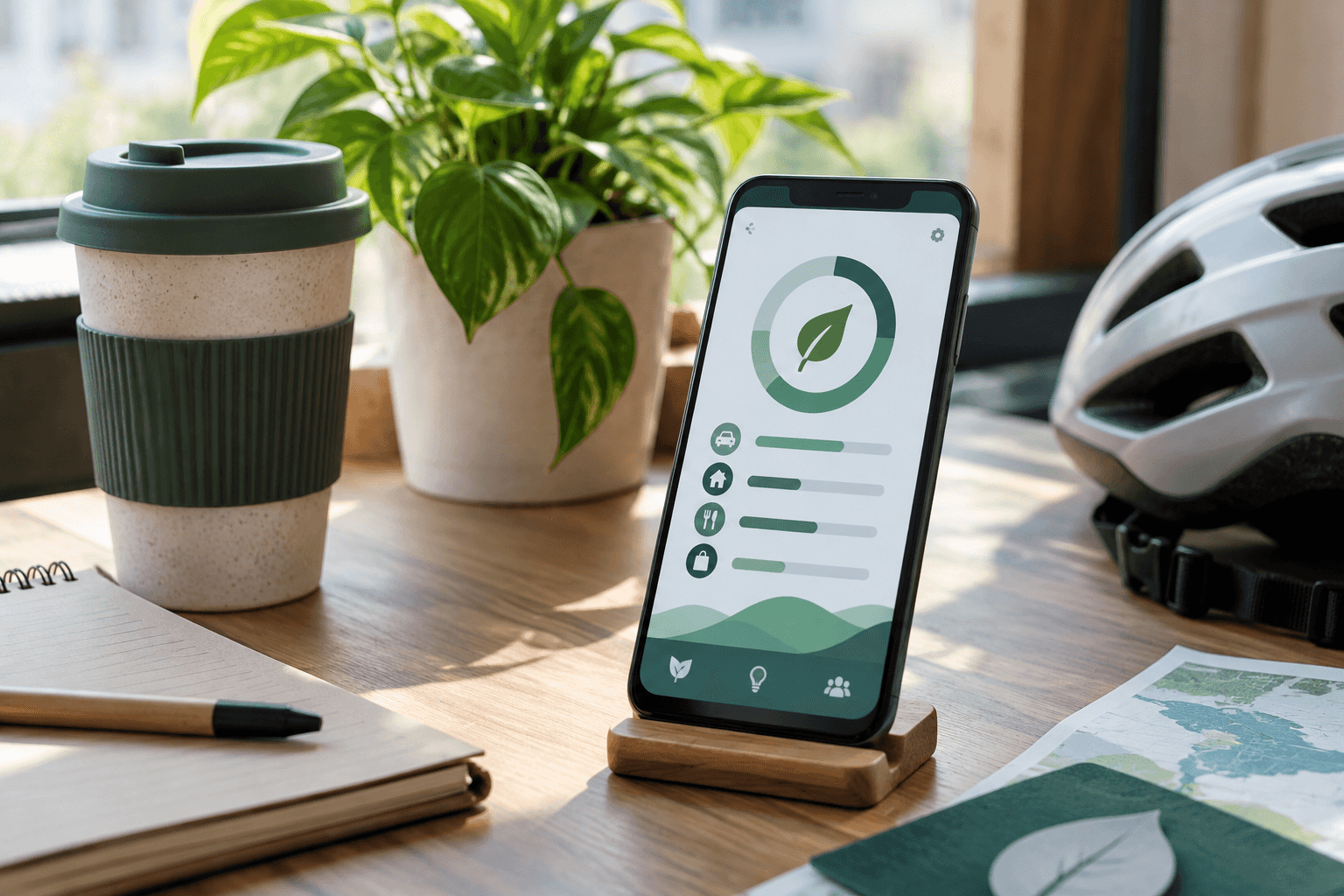 Realistic visual of a carbon-footprint app with sustainability and analytics cues