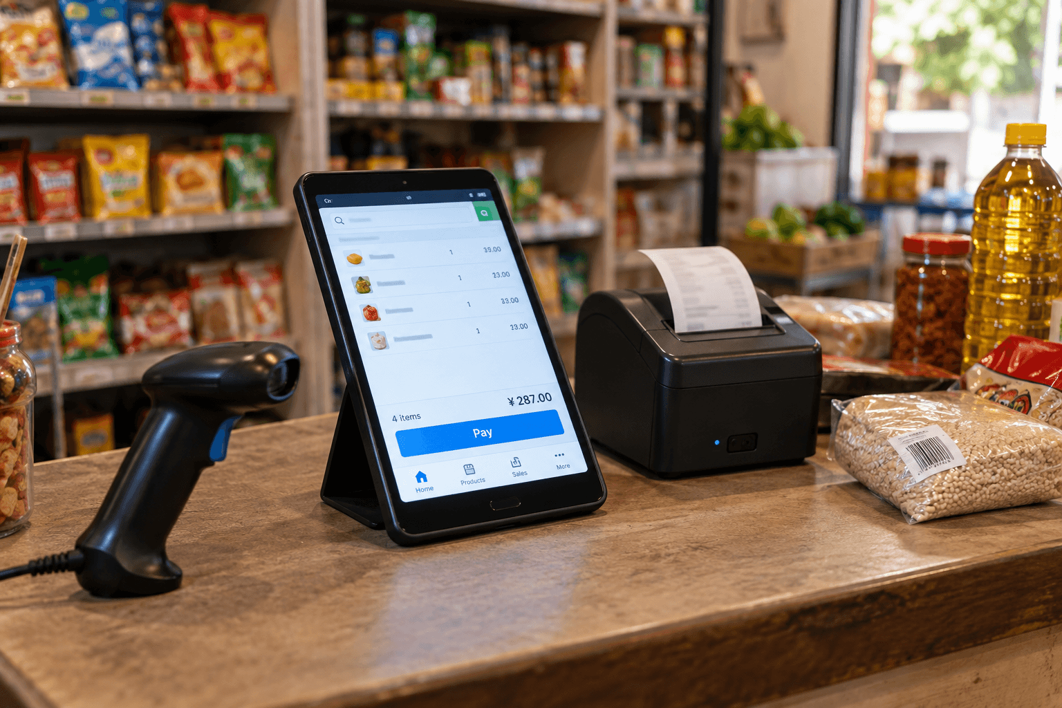 Realistic visual of a retail POS app with barcode, payment, and Bluetooth printing workflows