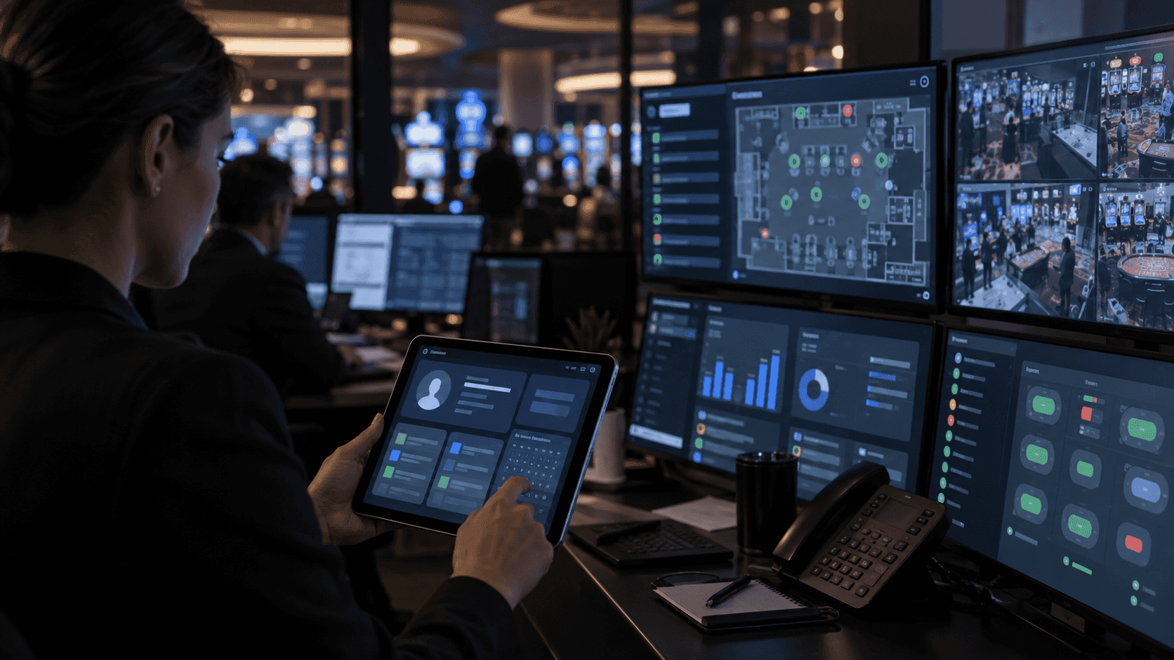 Realistic visual of real-time casino operations dashboards and mobile floor monitoring