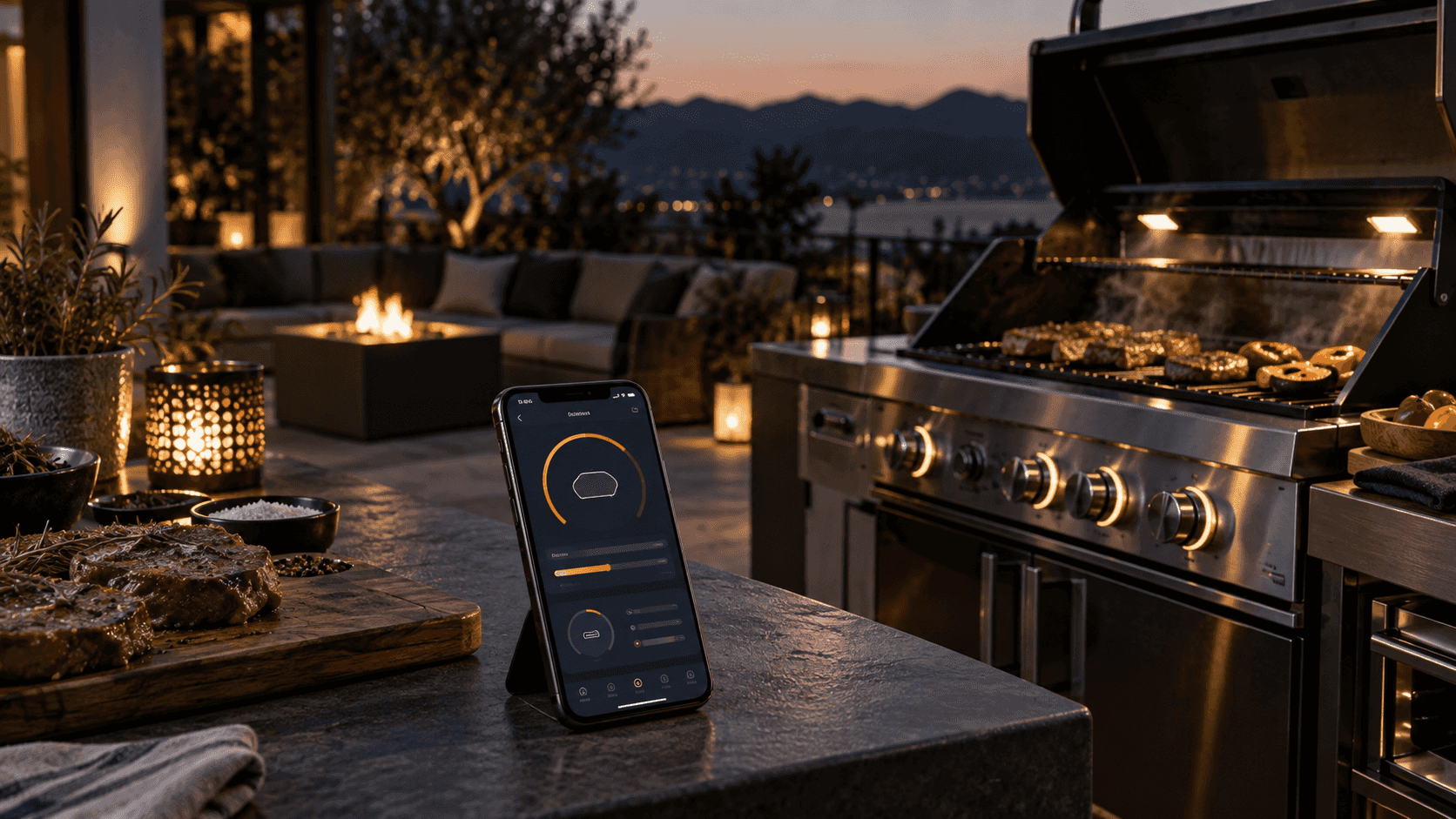 Realistic visual of a smart grill companion app with connected hardware telemetry