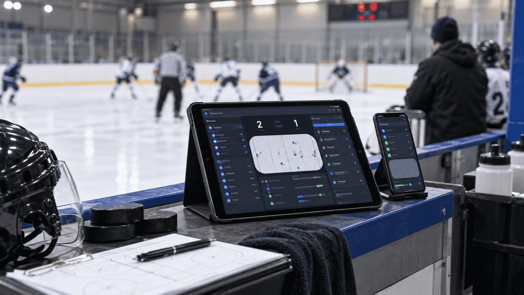 Realistic visual of hockey sports management with live scores and team operations