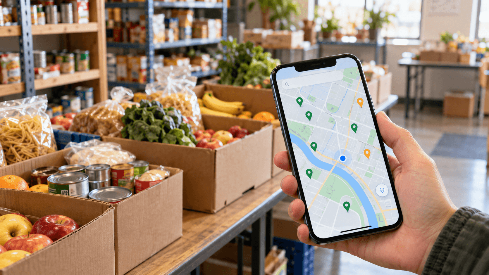 Realistic visual of a location-based food resource app with map discovery