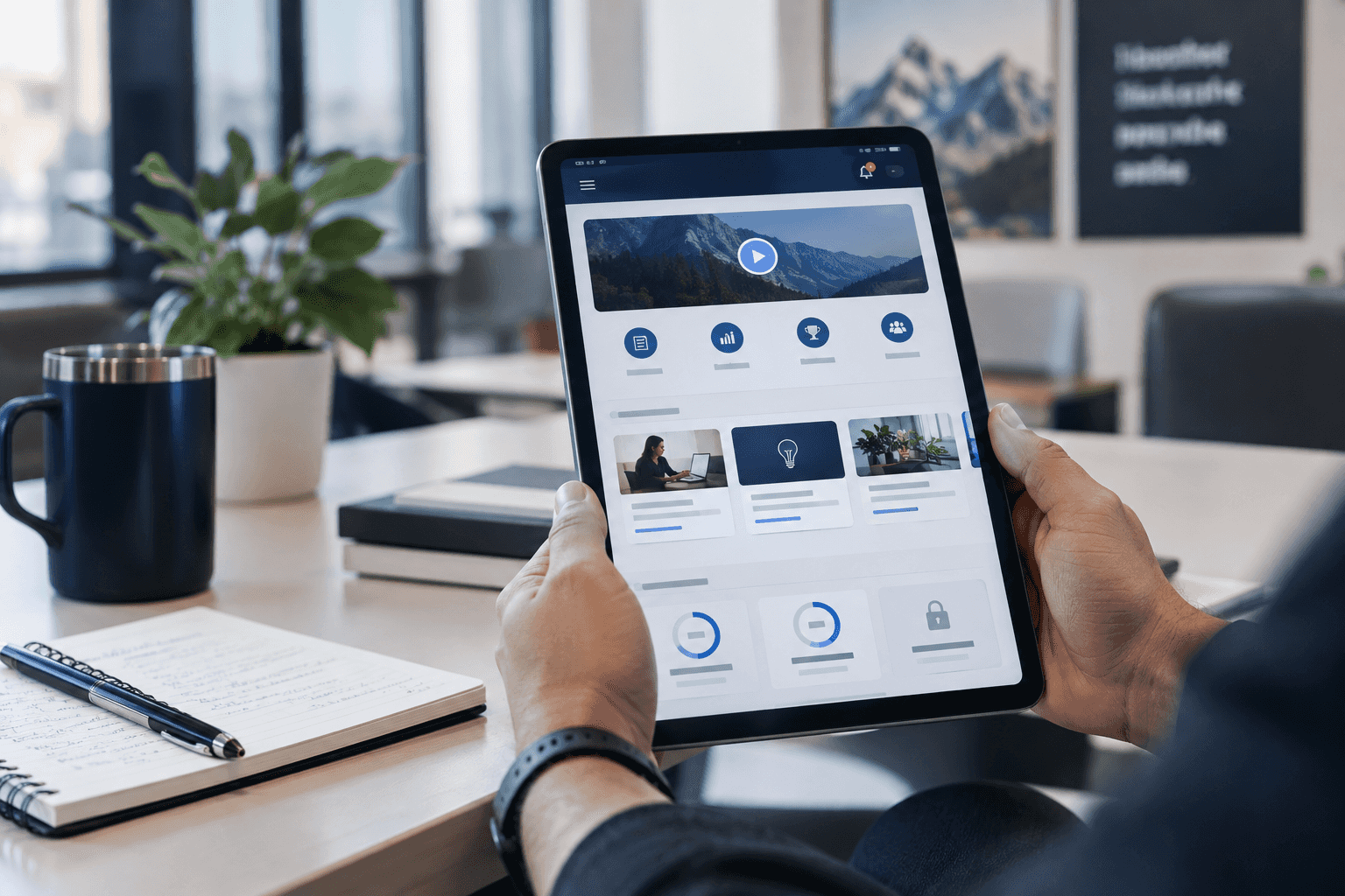 Realistic visual of an enterprise learning app with training modules and offline access
