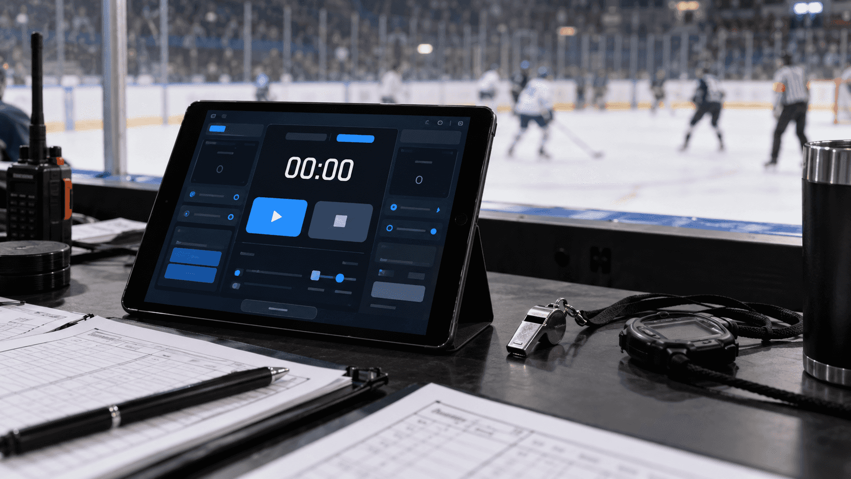 Realistic visual of a sports timing console with score synchronization