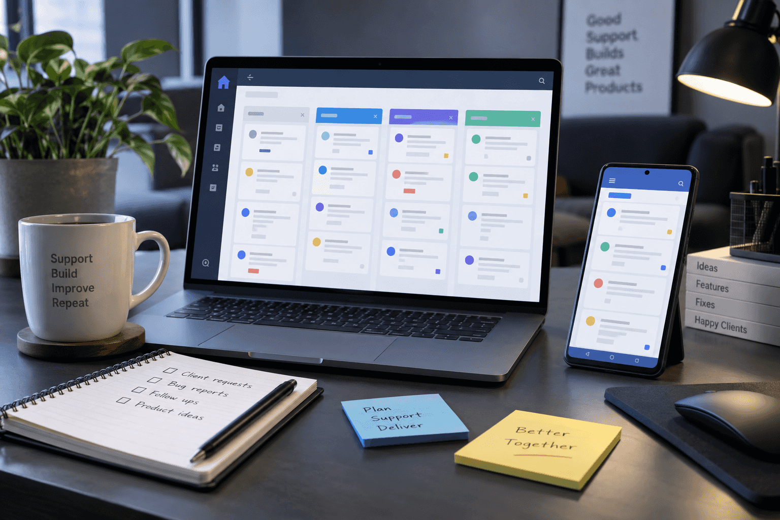 Realistic visual of a helpdesk app with ticket tracking and bug workflow panels
