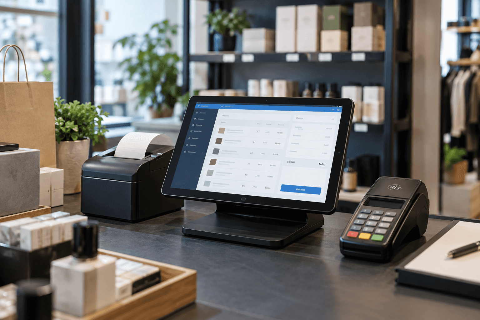 Realistic visual of an e-POS app with invoices, payments, reconciliation, and reports
