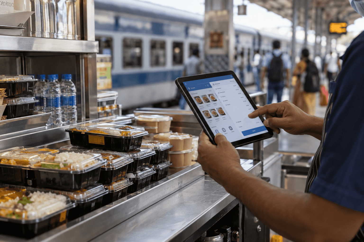 Realistic visual of food vendor billing and train trip meal operations